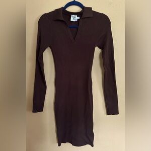 Brown Ribbed Collared Dress